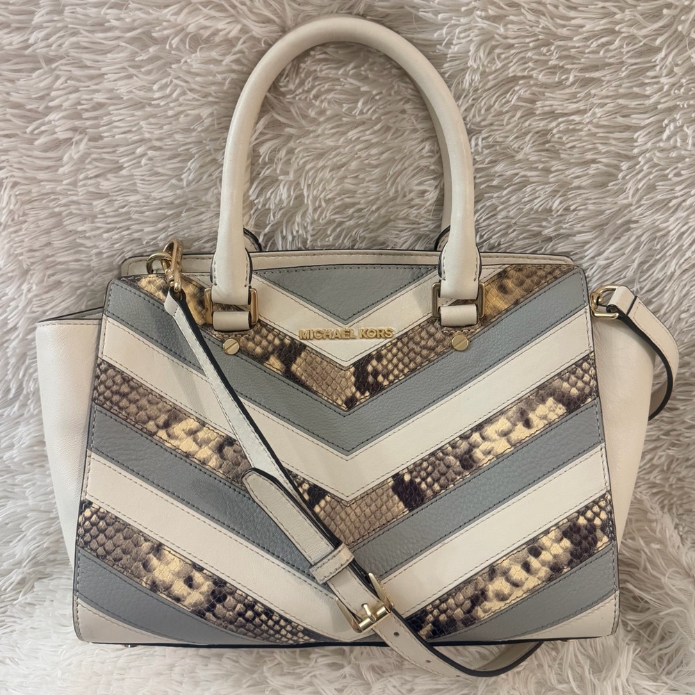 Michael Kors Selma Medium Top Zip Satchel Chevron Gray, Cream & Snake Print